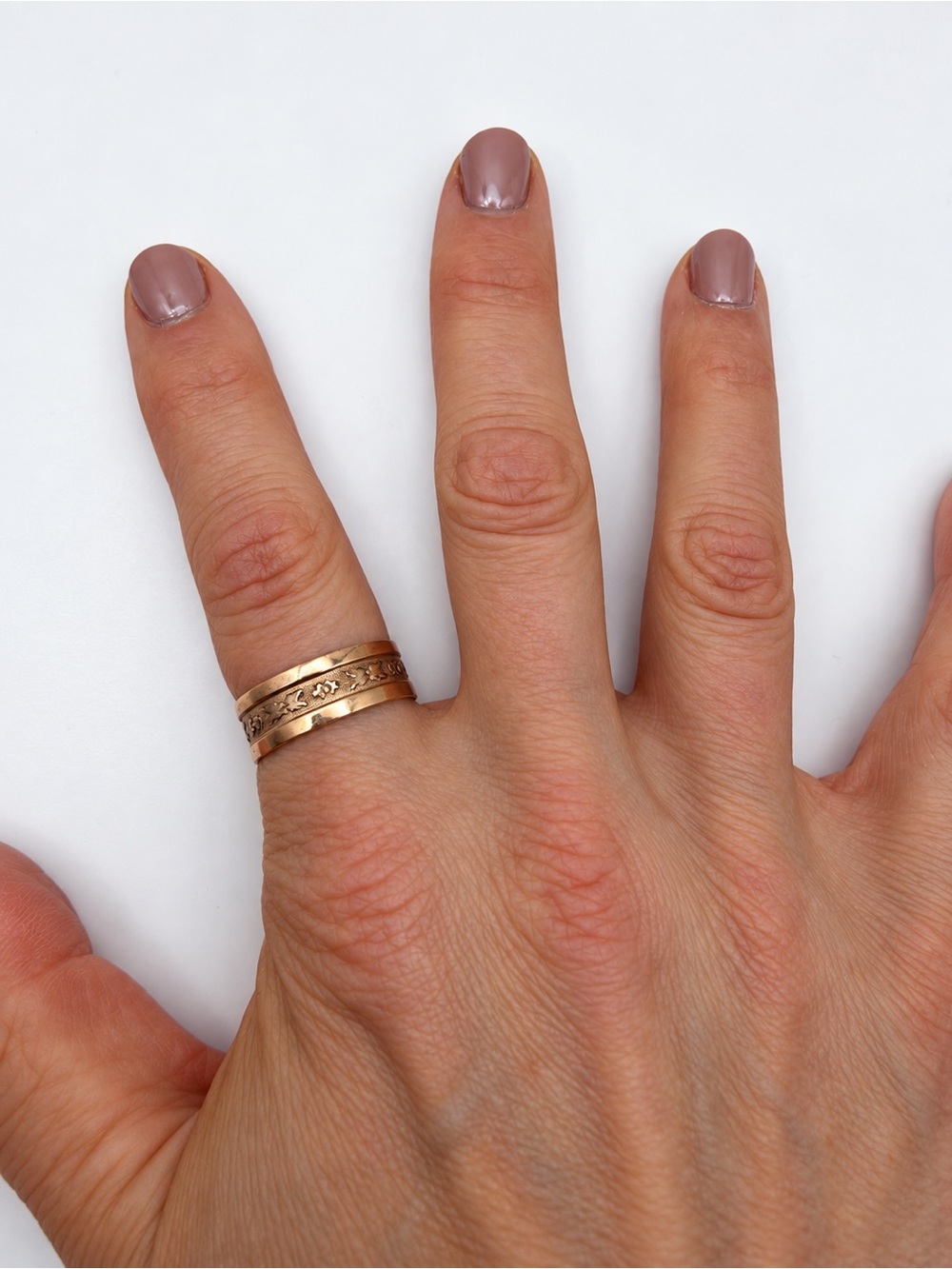 Copper Rose Gold Plated Floral Leaf Band 11 Wide Cigar Embossed Botanical Ring